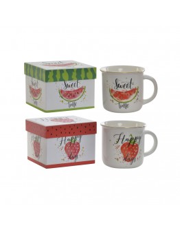 Mug DKD Home Decor Red Green Porcelain Fruit (360 ml) (2 pcs)