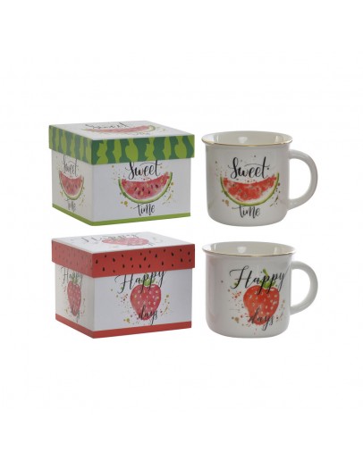 Mug DKD Home Decor Red Green Porcelain Fruit (360 ml) (2 pcs)