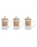 Cup with Tea Filter DKD Home Decor Orange Crystal Porcelain (300 ml) (3 pcs)