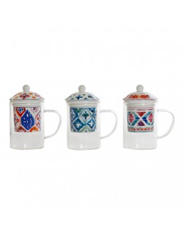 Cup with Tea Filter DKD Home Decor Mosaic White Crystal Porcelain (300 ml) (3 pcs)