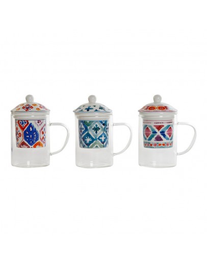 Cup with Tea Filter DKD Home Decor Mosaic White Crystal Porcelain (300 ml) (3 pcs)