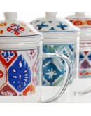 Cup with Tea Filter DKD Home Decor Mosaic White Crystal Porcelain (300 ml) (3 pcs)