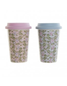 Mug DKD Home Decor Blue Green Pink Silicone Porcelain Flowers (400 ml) (3 pcs)