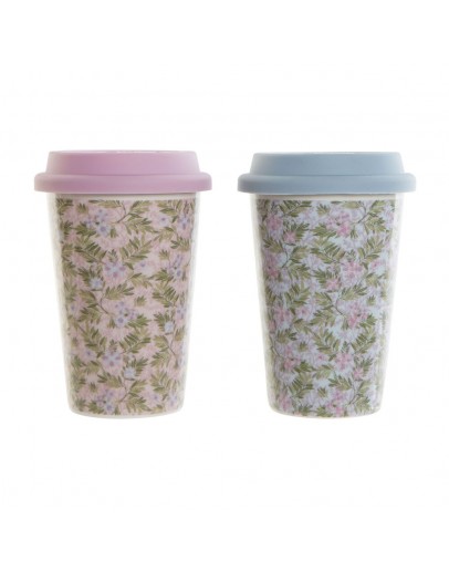 Mug DKD Home Decor Blue Green Pink Silicone Porcelain Flowers (400 ml) (3 pcs)