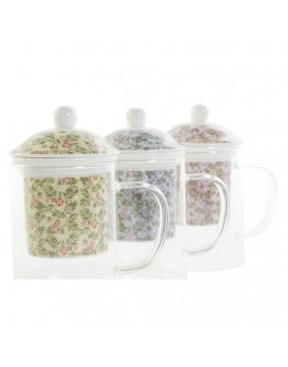 Cup with Tea Filter DKD Home Decor Blue Green Pink Crystal Porcelain Flowers (300 ml) (3 pcs)