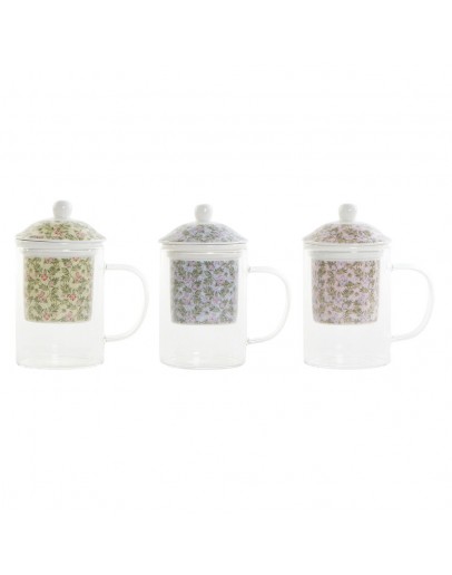 Cup with Tea Filter DKD Home Decor Blue Green Pink Crystal Porcelain Flowers (300 ml) (3 pcs)