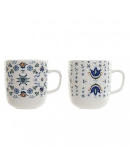 Mug DKD Home Decor Tile Blue White Porcelain (380 ml) (2 pcs)