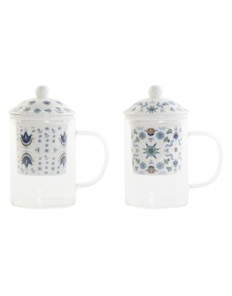 Cup with Tea Filter DKD Home Decor Blue White Crystal Porcelain (300 ml) (2 pcs)