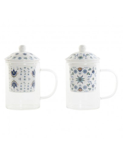 Cup with Tea Filter DKD Home Decor Blue White Crystal Porcelain (300 ml) (2 pcs)