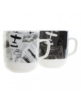 Mug DKD Home Decor White Black Porcelain (380 ml) (2 pcs)