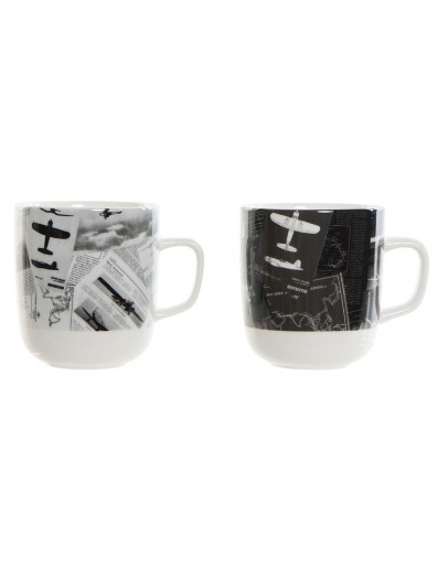 Mug DKD Home Decor White Black Porcelain (380 ml) (2 pcs)